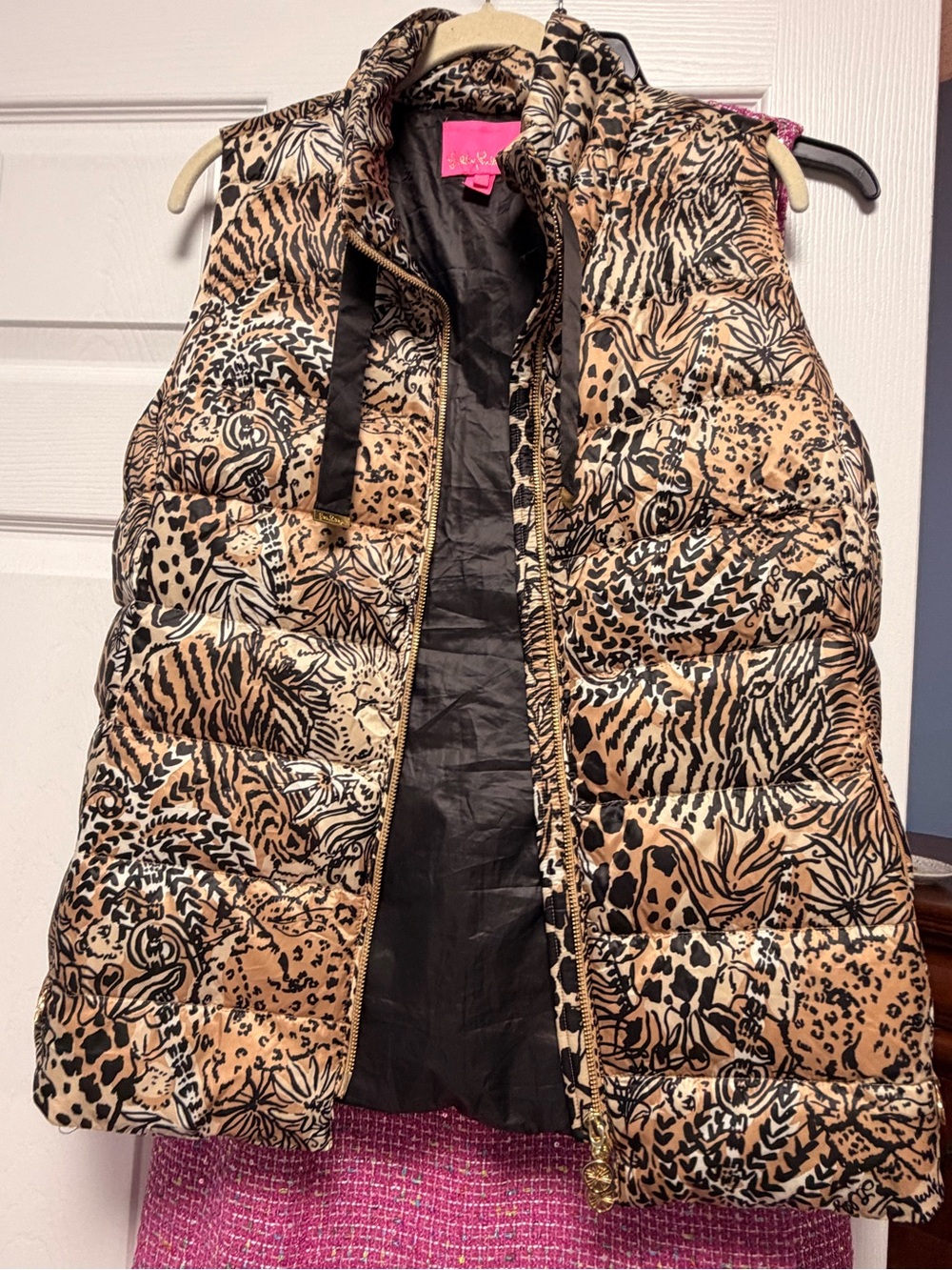 Lilly Pulitzer Animal Print Puffer Vest in Tan, Black, White